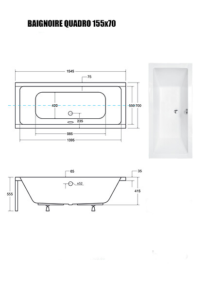 OTITEC - Baignoire rectangulaire - 175 x 80 cm - avec Habillage (4 cm) - Pieds - Vidage Chrome - QUADRO SLIM - large