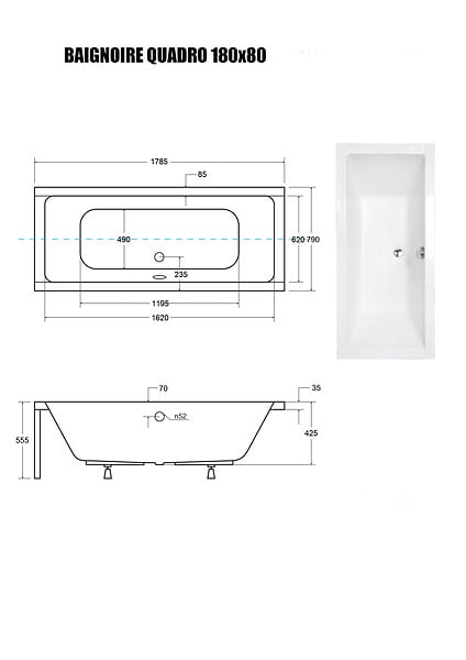 OTITEC - Baignoire rectangulaire - 165 x 75 cm - sans Habillage - avec Pieds - Vidage Chrome - QUADRO SLIM - large