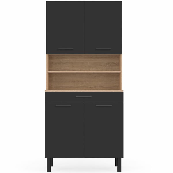 ID MARKET - Buffet de cuisine 80 CM CINA 4 portes + tiroir façon hêtre et noir - large