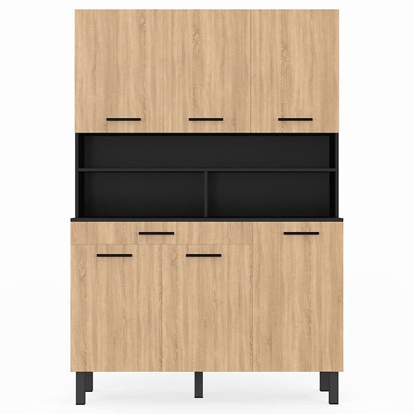 ID MARKET - Buffet de cuisine 120 CM CINA 6 portes + tiroir noir et façon hêtre - large