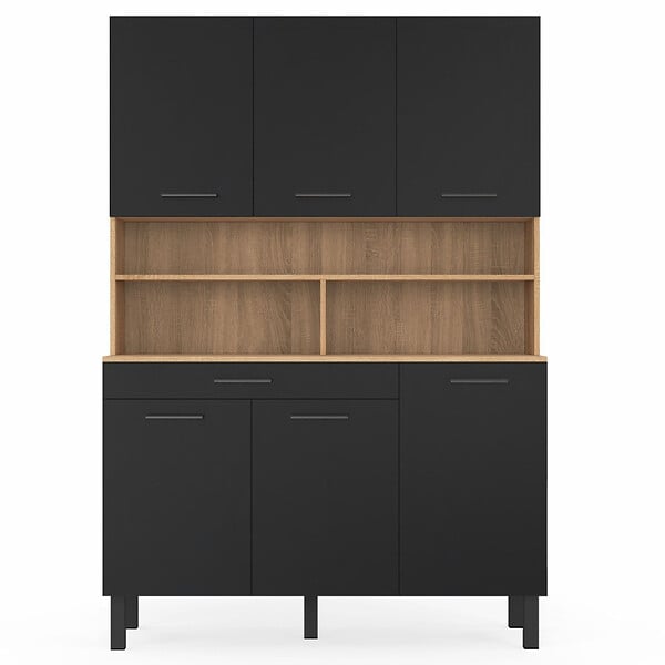 ID MARKET - Buffet de cuisine 120 CM CINA 6 portes + tiroir façon hêtre et noir - large