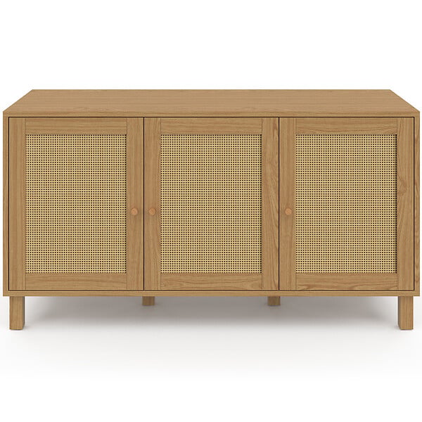 ID MARKET - Buffet bas vintage 113 cm HANAE 3 portes effet naturel cannage - large