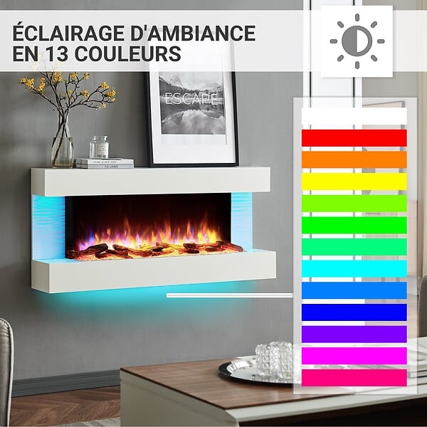 BALDERIA - Cheminée électrique BALDERIA Helia - Cheminée murale, 2000 W - Blanc - large