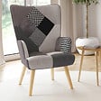 ID MARKET - Fauteuil scandinave IVAR en tissu patchwork noir, gris et blanc - vignette