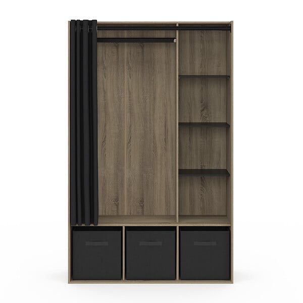 ID MARKET - Dressing penderie DIANE 105 x 45 x 167 cm hêtre avec étagères + boites de rangement + rideau noir - large