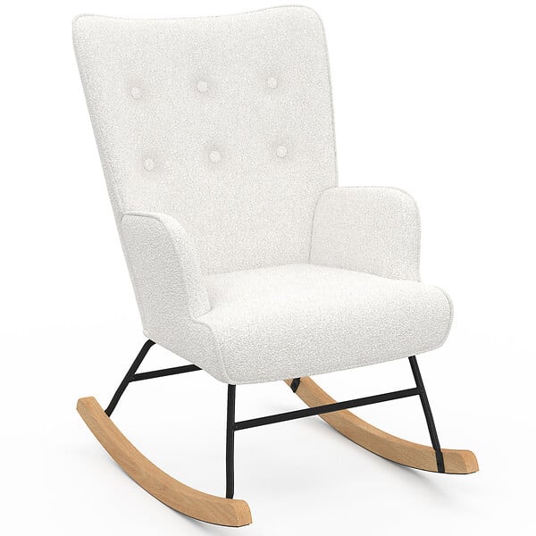 ID MARKET - Fauteuil scandinave IVAR en tissu à bascule bouclette blanc - large