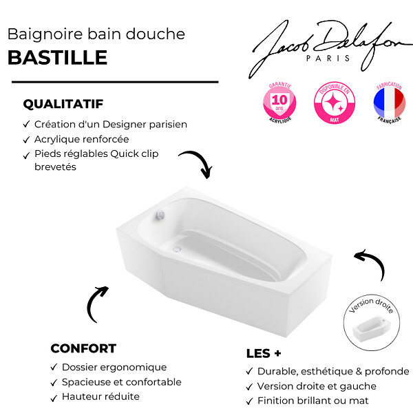 JACOB DELAFON - Pack baignoire bain douche 170 x 90 Bastille vidage à gauche blanc mat + tablier en niche - large