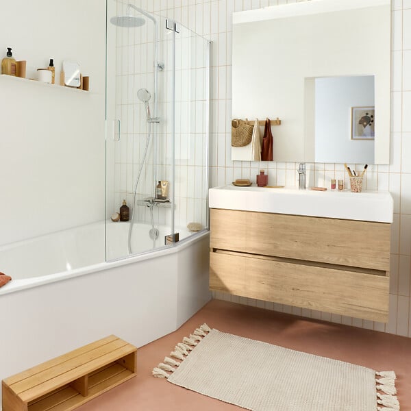 JACOB DELAFON - Pack baignoire bain douche 170 x 90 Bastille vidage à droite blanc mat + tablier en niche + pare-bain chromé - large