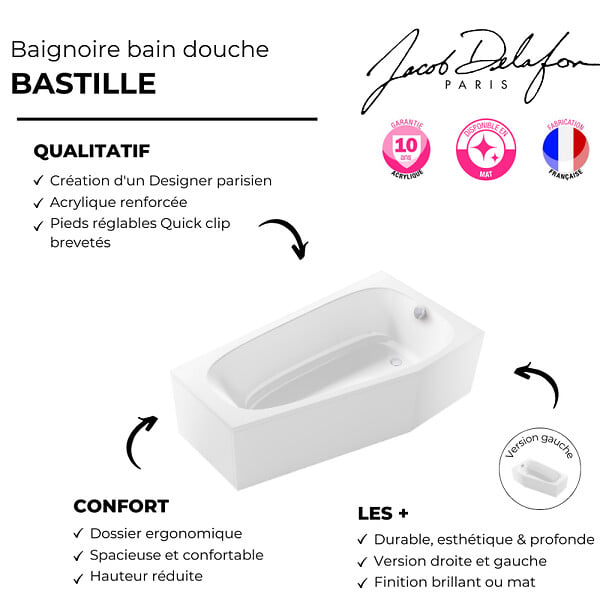 JACOB DELAFON - Pack baignoire bain douche 170 x 90 Bastille vidage à droite blanc mat + tablier en niche + pare-bain chromé - large