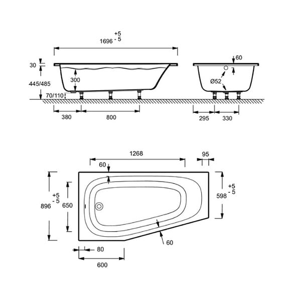 JACOB DELAFON - Pack baignoire bain douche 170 x 90 Bastille vidage à gauche blanc brillant + tablier en niche + pare-bain chromé - large