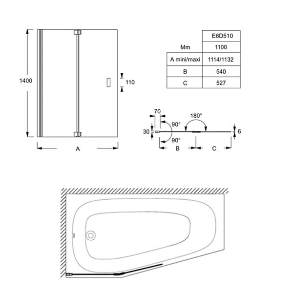 JACOB DELAFON - Pack baignoire bain douche 170 x 90 Bastille vidage à gauche blanc brillant + tablier en niche + pare-bain chromé - large