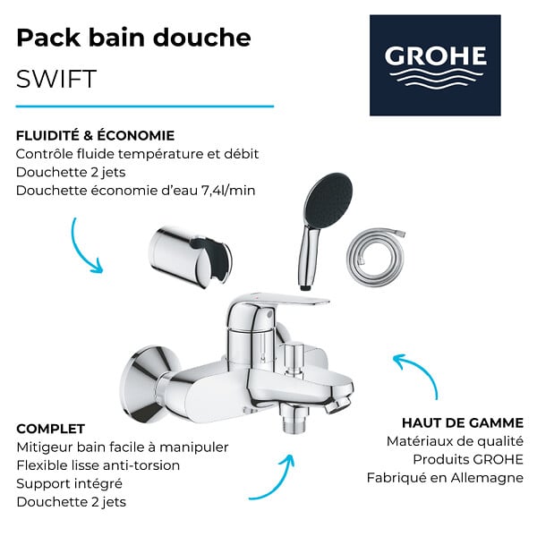 GROHE - Pack mitigeur mécanique Swift + Douchette 2 jets Vitalio Start 110 + Flexible1750 mm et support - large