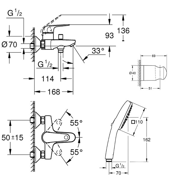 GROHE - Pack mitigeur mécanique Swift + Douchette 2 jets Vitalio Start 110 + Flexible1750 mm et support - large