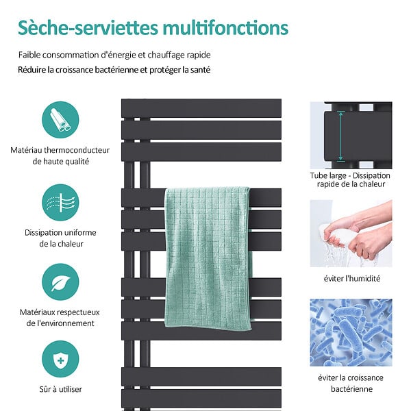 EMKE - EMKE Sèche-serviettes à Eau Chaude Panneau Plat, Sèche-serviettes connexion latérale pour, Anthracite 1041x400mm 478Watts - large