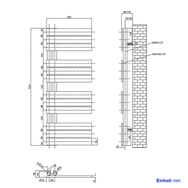 EMKE - EMKE Sèche-serviettes à Eau Chaude Panneau Plat, Sèche-serviettes connexion latérale pour, Anthracite 1041x400mm 478Watts - large