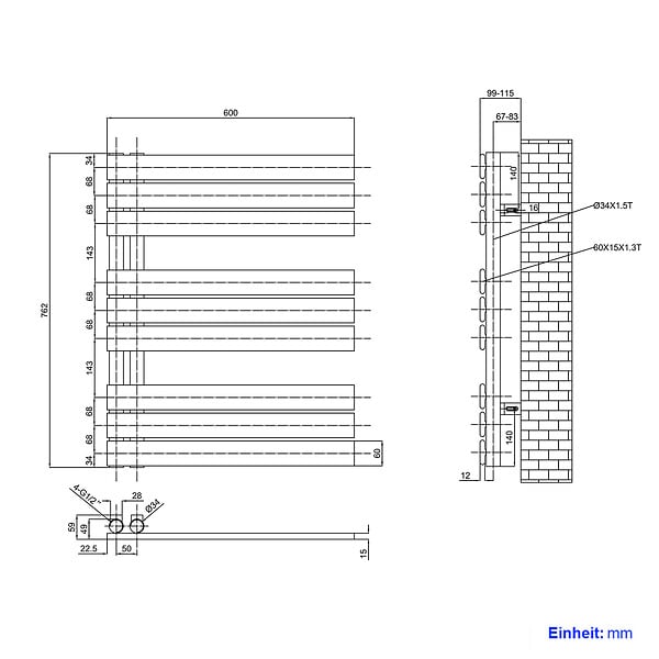 EMKE - EMKE Sèche-serviettes à Eau Chaude Panneau Plat, Sèche-serviettes connexion latérale pour, Anthracite 762x600mm 503Watts - large