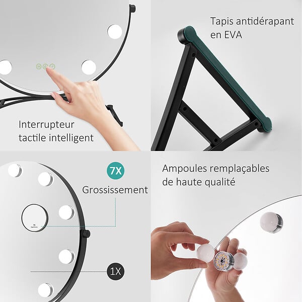 EMKE - EMKE Miroir de maquillage Hollywood avec Ampoules LED Miroir grossissant Interrupteur tactile 3 couleurs dimmable Rotation à 360° - Cadre Noir 47x40cm - large