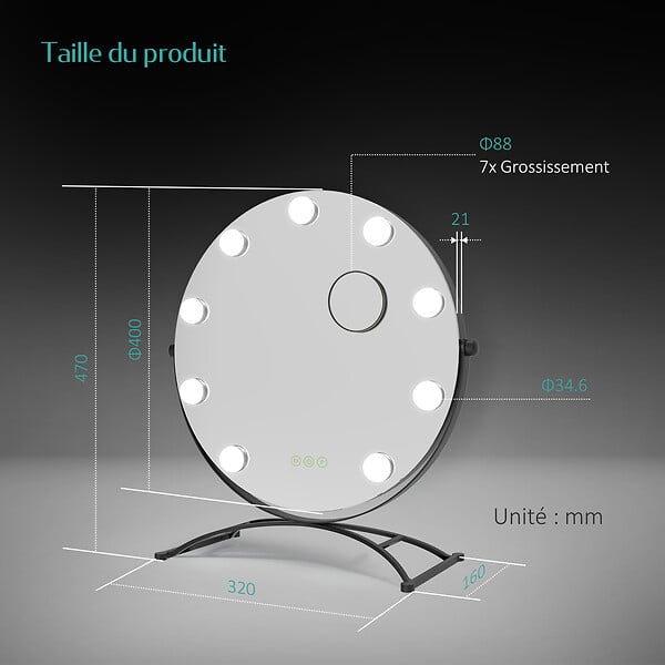 EMKE - EMKE Miroir de maquillage Hollywood avec Ampoules LED Miroir grossissant Interrupteur tactile 3 couleurs dimmable Rotation à 360° - Cadre Noir 47x40cm - large