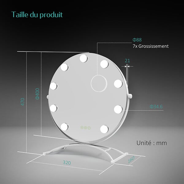 EMKE - EMKE Hollywood miroir de courtoisie avec lumière, 47x40cm rond blanc, miroir de coiffeuse pivotant à 360°, avec 3 lumières dimmables - large