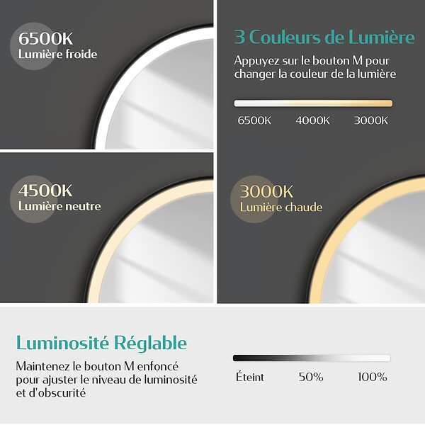EMKE - EMKE Miroir lumineux salle de bain rond diamètre 80cm cadre noir, Sangle réglable, Miroir LED avec Interrupteur Tactile, 3 couleurs de Lumières - large