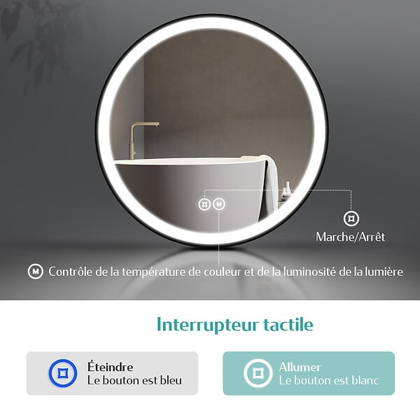 EMKE - EMKE Miroir lumineux salle de bain rond diamètre 80cm cadre noir, Sangle réglable, Miroir LED avec Interrupteur Tactile, 3 couleurs de Lumières - large