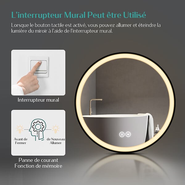 EMKE - EMKE Miroir lumineux salle de bain rond diamètre 80cm cadre noir, Sangle réglable, Miroir LED avec Interrupteur Tactile, 3 couleurs de Lumières - large