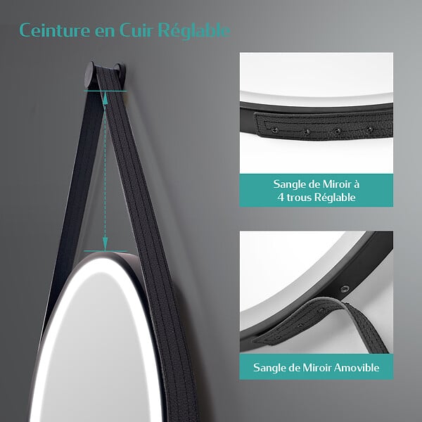 EMKE - EMKE Miroir lumineux salle de bain rond diamètre 80cm cadre noir, Sangle réglable, Miroir LED avec Interrupteur Tactile, 3 couleurs de Lumières - large