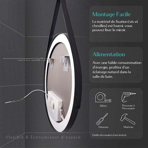 EMKE - EMKE Miroir lumineux salle de bain rond diamètre 80cm cadre noir, Sangle réglable, Miroir LED avec Interrupteur Tactile, 3 couleurs de Lumières - large