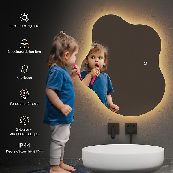 EMKE - EMKE Miroir lumineux salle de bain sans cadre 50x45cm , Miroir LED avec Interrupteur Tactile, Anti-buée, Miroir avec 3 couleurs Lumières - large