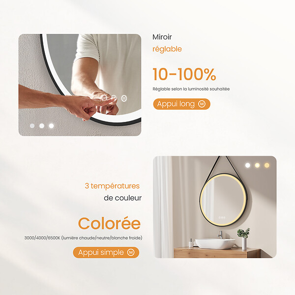 EMKE - EMKE Miroir lumineux salle de bain rond diamètre 50cm cadre noir, Sangle réglable, Miroir LED, Interrupteur Tactile, Anti-buée, 3 couleurs Lumières - large