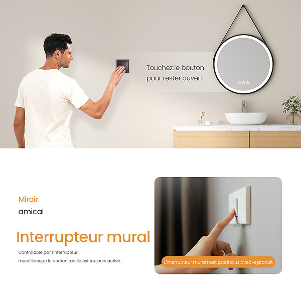 EMKE - EMKE Miroir lumineux salle de bain rond diamètre 50cm cadre noir, Sangle réglable, Miroir LED, Interrupteur Tactile, Anti-buée, 3 couleurs Lumières - large