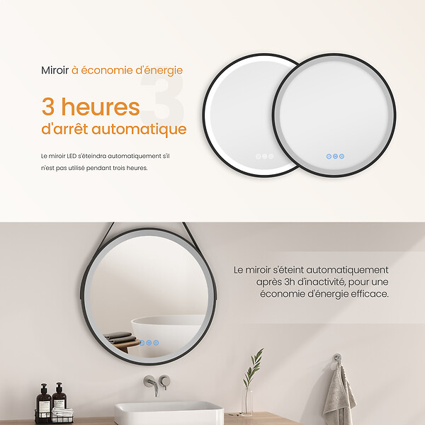 EMKE - EMKE Miroir lumineux salle de bain rond diamètre 50cm cadre noir, Sangle réglable, Miroir LED, Interrupteur Tactile, Anti-buée, 3 couleurs Lumières - large