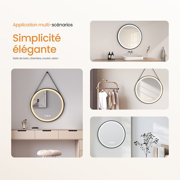 EMKE - EMKE Miroir lumineux salle de bain rond diamètre 50cm cadre noir, Sangle réglable, Miroir LED, Interrupteur Tactile, Anti-buée, 3 couleurs Lumières - large