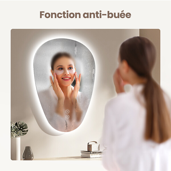 EMKE - EMKE Miroir Salle de Bain avec Éclairage, 80 x 60 cm, Miroir LED Asymétrique, Interrupteur Tactile, 3 Couleurs de Lumière Réglables, Miroir Anti-Buée - large