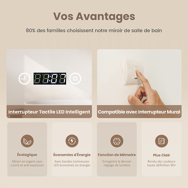 EMKE - EMKE Miroir lumineux salle de bain 100x60cm, Miroir LED avec Interrupteur Tactile, 3x Grossissement, Miroir avec éclairage Lumière Blanche Froide - large