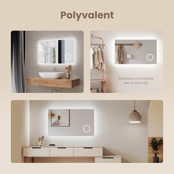 EMKE - EMKE Miroir lumineux salle de bain 100x60cm, Miroir LED avec Interrupteur Tactile, 3x Grossissement, Miroir avec éclairage Lumière Blanche Froide - large