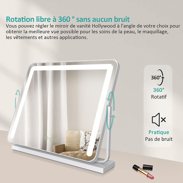 EMKE - EMKE Miroir cosmétique 50x41.6cm, avec 3 LED de couleur à intensité variable, miroir carré blanc orientable sur 360° - large