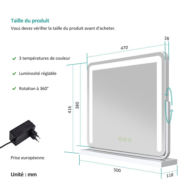 EMKE - EMKE Miroir cosmétique 50x41.6cm, avec 3 LED de couleur à intensité variable, miroir carré blanc orientable sur 360° - large