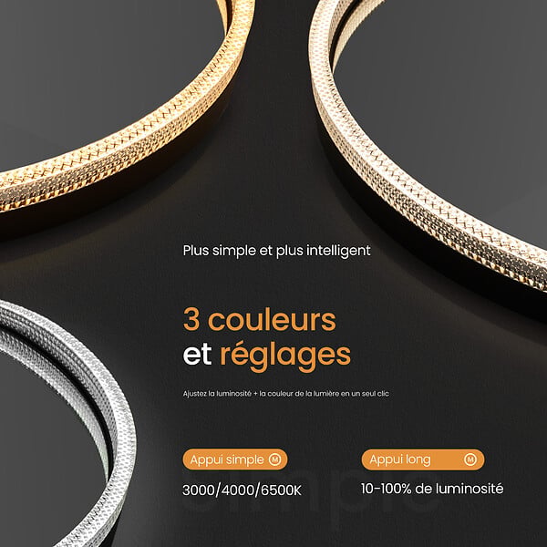 EMKE - EMKE Miroir lumineux salle de bain rond 60cm Cadre Noir, Miroir LED avec Interrupteur Tactile, Anti-buée, Miroir avec 3 couleurs de Lumières - large