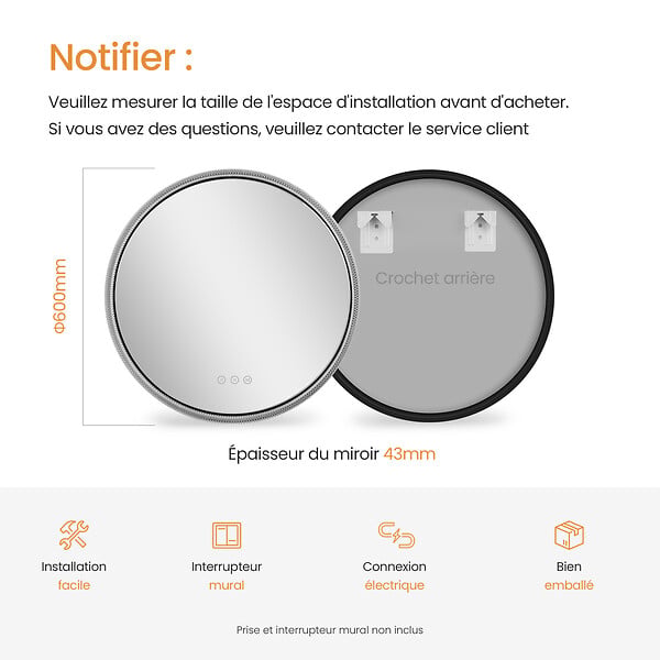 EMKE - EMKE Miroir lumineux salle de bain rond 60cm Cadre Noir, Miroir LED avec Interrupteur Tactile, Anti-buée, Miroir avec 3 couleurs de Lumières - large