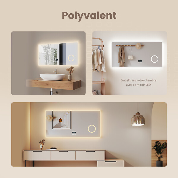 EMKE - EMKE Miroir lumineux salle de bain 100x60cm, Miroir LED avec Interrupteur Tactile, Anti-buée, Horloge, 3x Grossissement, Bluetooth, 3 couleurs de Lumières - large