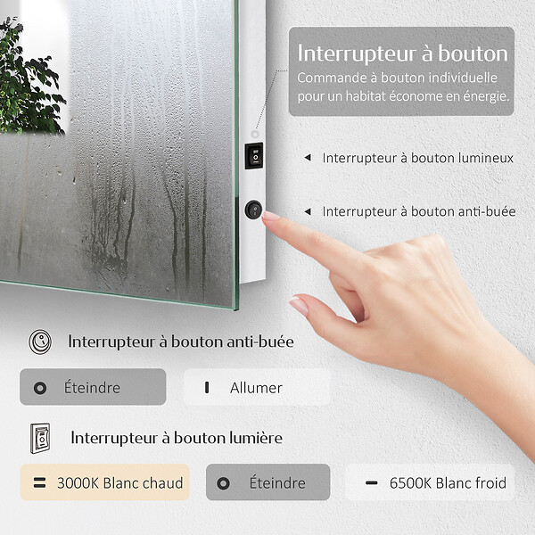 EMKE - EMKE Miroir lumineux salle de bain 70x50cm, Miroir LED avec Interrupteur à bouton, Anti-buée, Miroir avec éclairage lumière Blanche Froide/Chaude - large