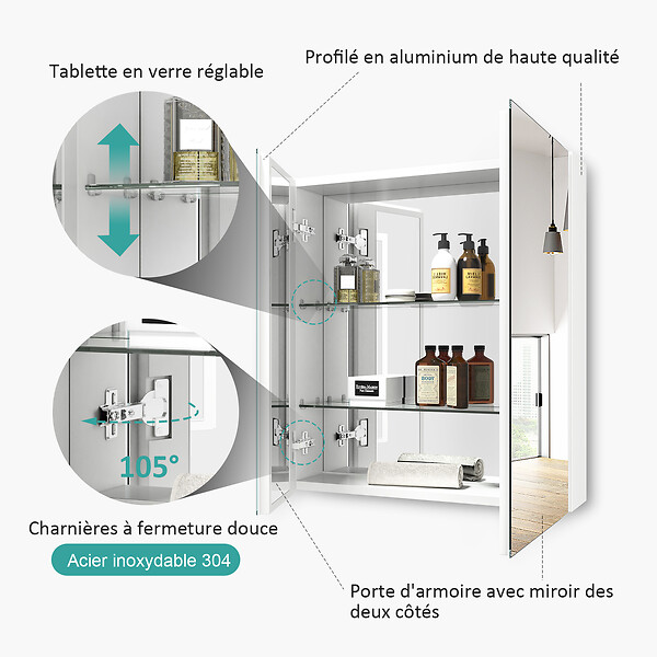 EMKE - EMKE Armoires de toilette 60x65cm Blanche Armoire Salle de Bain en Miroir Double Face - large