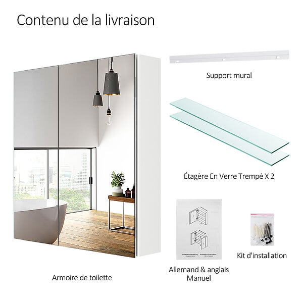 EMKE - EMKE Armoires de toilette 60x65cm Blanche Armoire Salle de Bain en Miroir Double Face - large