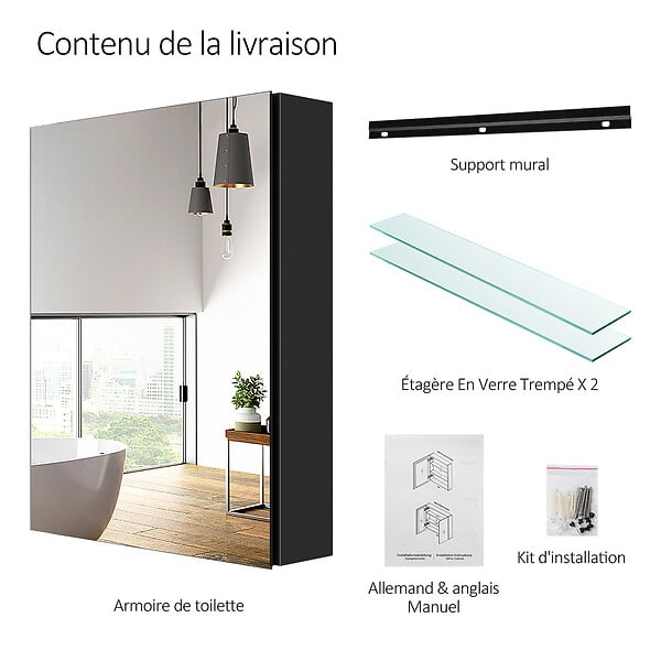 EMKE - EMKE Armoires de toilette 50x65cm Noir Armoire Salle de Bain en Miroir Double Face - large