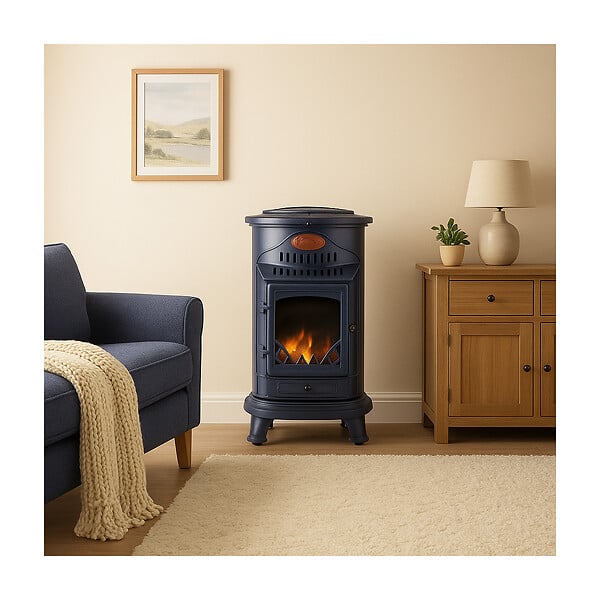 SAHARA - Poêle à gaz 3,4KW Fonte Véritable – Chauffage d'appoint Design Bleu Saphir Mat - Effet feu de bois, sur roues Provence Sahara - large