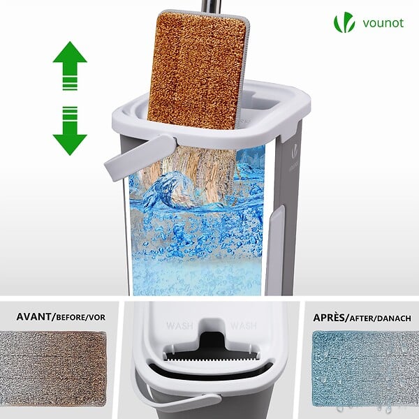 VOUNOT - Balai microfibre et Seau Essoreur avec 6 serpillères Réutilisables Balai Plat Double compartiment gris - large