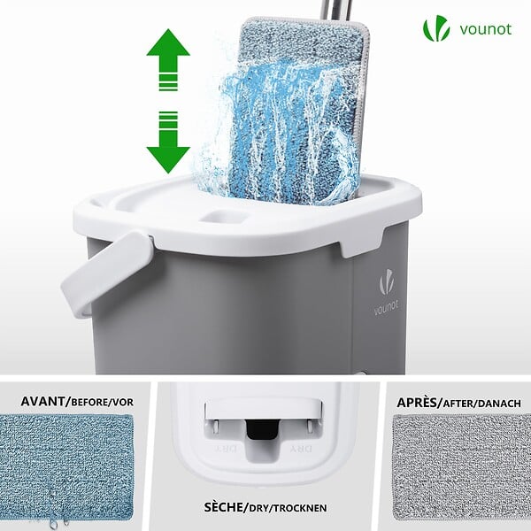 VOUNOT - Balai microfibre et Seau Essoreur avec 6 serpillères Réutilisables Balai Plat Double compartiment gris - large