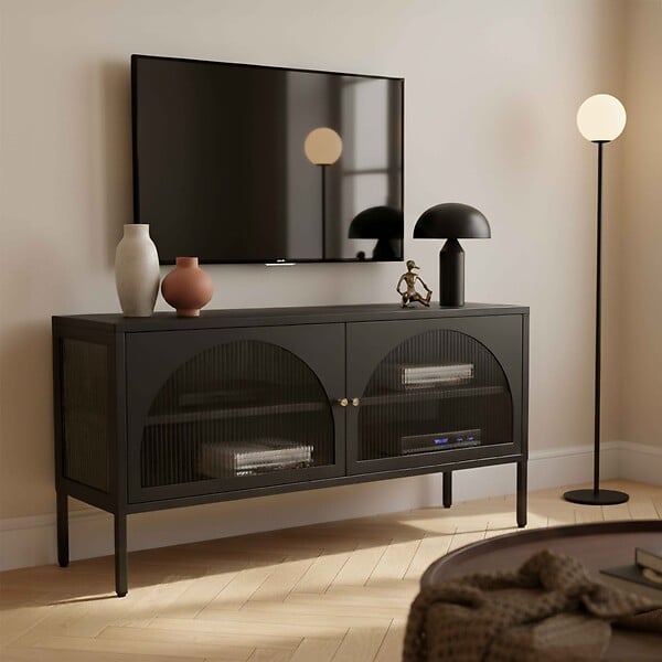 OVIALA - Meuble TV moderne 2 portes L115 cm en métal noir - Dreamy - large