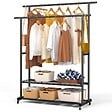 VOUNOT - Portant a Vetements double avec roulettes et 2 etageres de rangement 120x40x146cm metal Noir - vignette